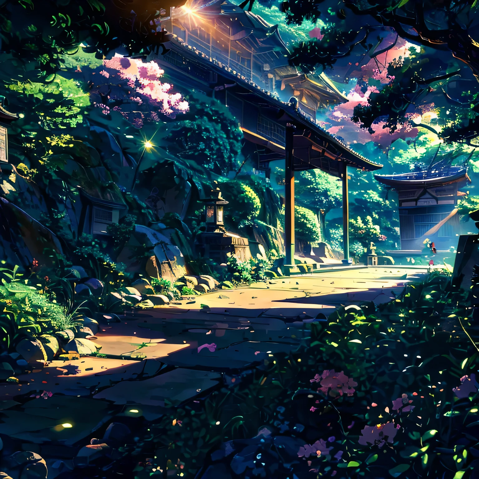 (1boy,gojou satoru,jujutsu kaisen),Black round lens sunglasses,artwork, japanese temple, beautiful trees, positive sunlight,flowers,glowing bugs,