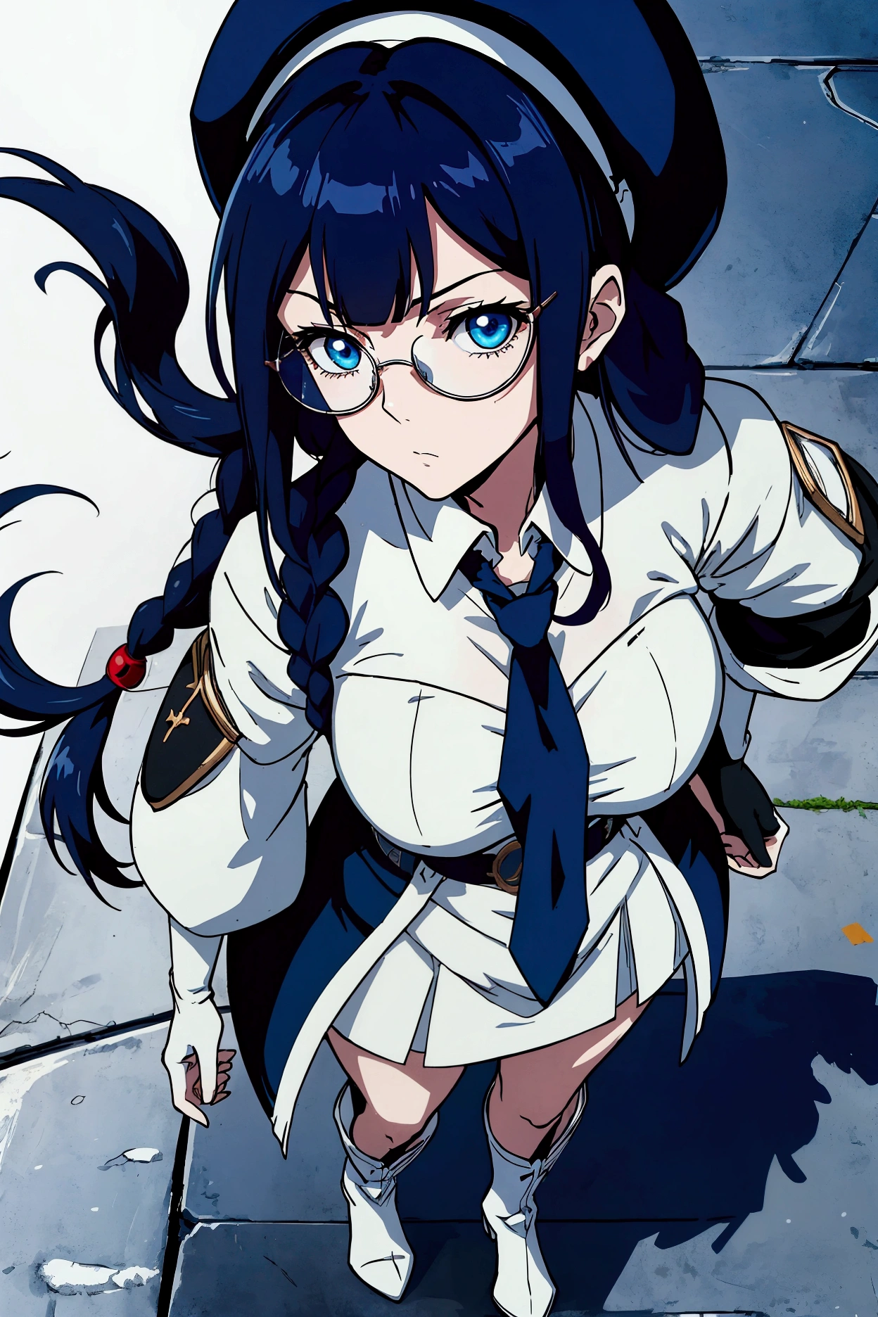 Artwork, best qualityer, 2d anime style, White girl, bangss, long hair, some braided strands, Dark Blue Hair, pale, vibrant blue eyes, white glasses, beret, black dress covered, blue details, necktie, longsleeve, whitegloves, waist belt, apathetic expression, medieval theme, RPG, alchemy lab background, . fully body, conceptual artwork, large white boots.
