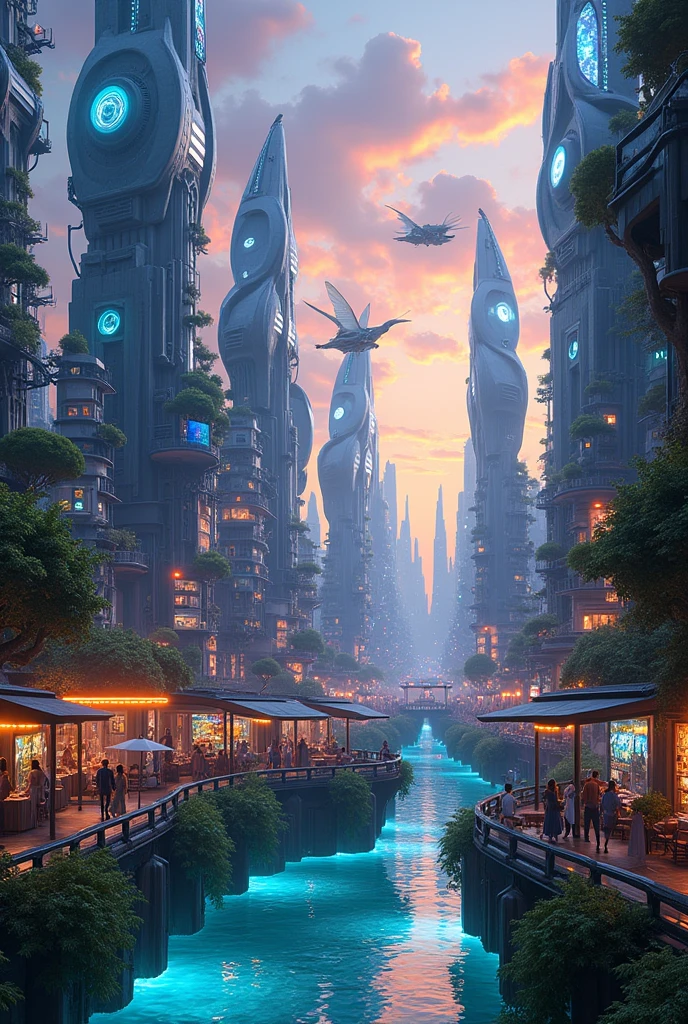 Advance city with unusual buildings and that aliens, hybrids, human, cyborgs, fairies and mermaids live together in harmony, 
