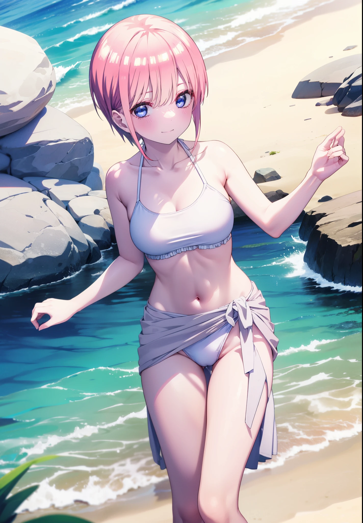 ichikanakano, Nakano Ichika, short hair, bangs, blue eyes, Hair between the eyes, Pink Hair, smile,Big Breasts,White string bikini swimsuit,Pareo Swimsuit,barefoot,Belly button,A thin long skirt is wrapped around her waist,Sandy Beachを散歩している,True Summer,Daytime,Clear skies,whole bodyがイラストに入るように,
break outdoors, Beach,Sandy Beach,
break looking at viewer, whole body,
break (masterpiece:1.2), Highest quality, High resolution, unity 8k wallpaper, (figure:0.8), (Beautiful attention to detail:1.6), Highly detailed face, Perfect lighting, Highly detailed CG, (Perfect hands, Perfect Anatomy),