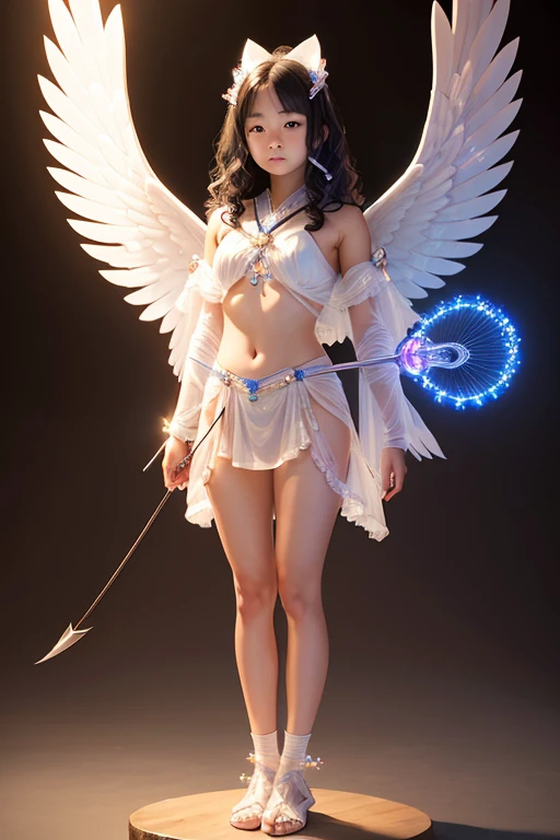 A young 15- yr old native japanese girl with lovely charminvg face,( skin texture masterpiece), (perfect full body detailed anatomy), (Super detailed), (meditating ), (glowing bright eyes))((very short wavy crystals hair)),Wearing transparent costume of an angel,illuminating different lights covers the sorrounding, holding bow and arrow, atmosphere Has beautiful large white wings, The character solemnly praying