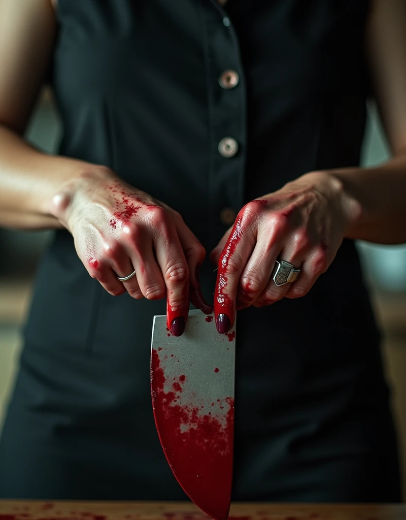 A close-up of a woman's hands, covered in blood, gripping a bloodstained cleaver with both hands.、
