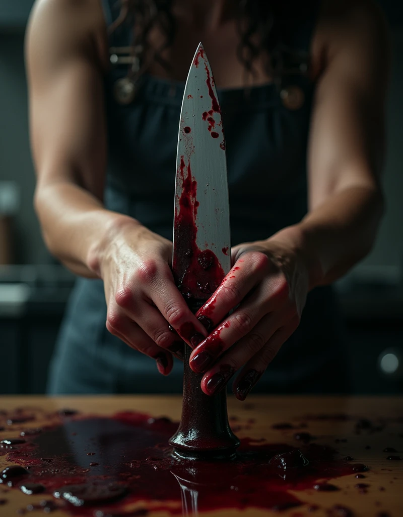 A close-up of a woman's hands, covered in blood, gripping a bloodstained cleaver with both hands.、