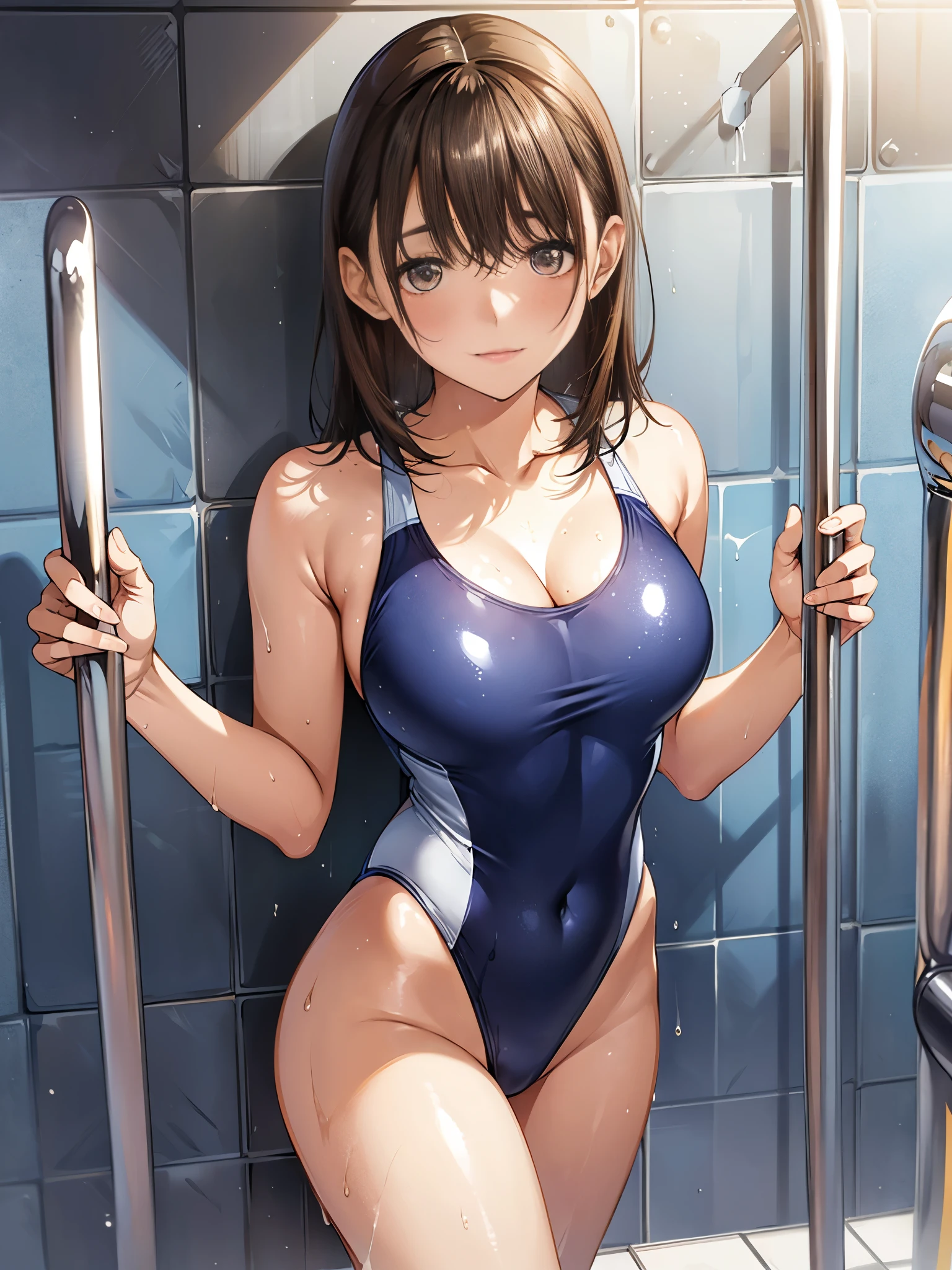 Navy and white high cut swimsuit、Swimming School Coach、Wet swimsuit、detailed, Oily and shiny skin、Shiny thighs、One beautiful woman、Big Breasts、25-year-old gravure idol、Medium brown hair、Nogizaka Idol、Sensual look、Sexy pose、White skin、Taking a shower in a luxury resort hotel bathroom