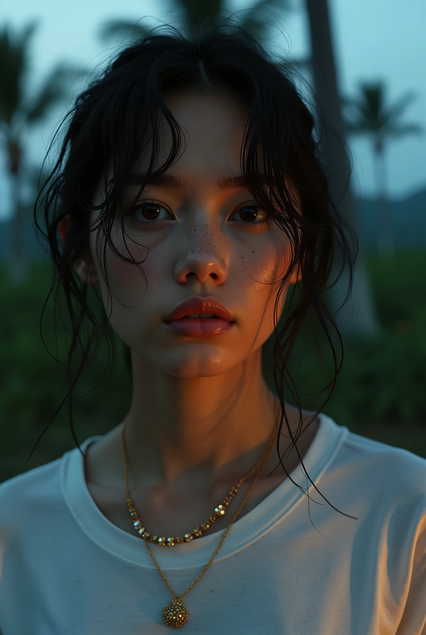 (masterpiece, photorealistic:1.4, extremely intricate:1.3, radiosity, photon mapping, dtx, 8K), ((((closeup necklace, white t-shirt, humid, [medium breasts:large breasts:0.3])), humid, [skin detail:freckles:0.7], natural, 19 year age supermodel), dark room, ((outdoors, Hawaiian palm trees, raining, rain, dim, dark sky, windy, wet hair)))
