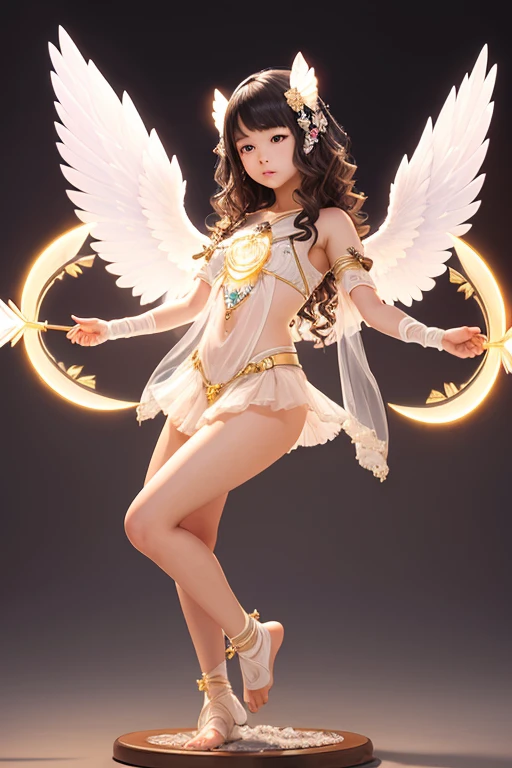 A young 15- yr old native japanese girl with lovely charminvg face,( skin texture masterpiece), (perfect full body detailed anatomy), (Super detailed), (meditating ), (glowing bright eyes))((very short wavy crystals hair)),Wearing transparent costume of an angel,illuminating different lights covers the sorrounding, holding bow and arrow, atmosphere Has beautiful large white wings, The character solemnly praying