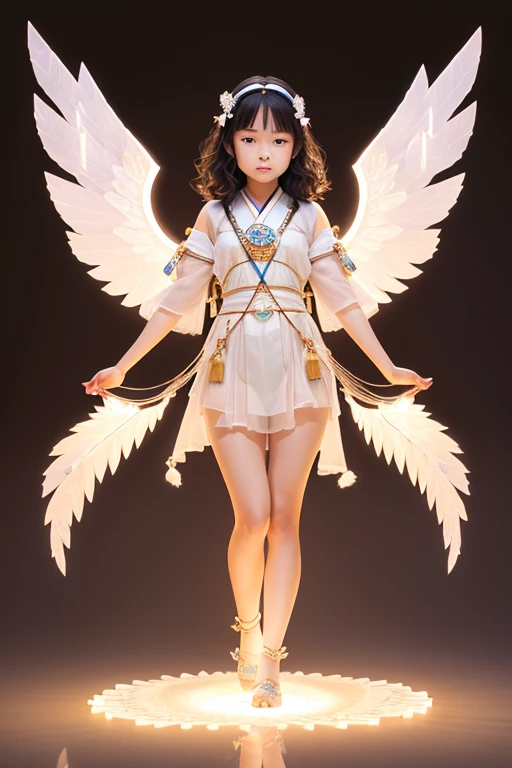 A young 15- yr old native japanese girl with lovely charminvg face,( skin texture masterpiece), (perfect full body detailed anatomy), (Super detailed), (meditating ), (glowing bright eyes))((very short wavy crystals hair)),Wearing transparent costume of an angel,illuminating different lights covers the sorrounding, holding bow and arrow, atmosphere Has beautiful large white wings, The character solemnly praying