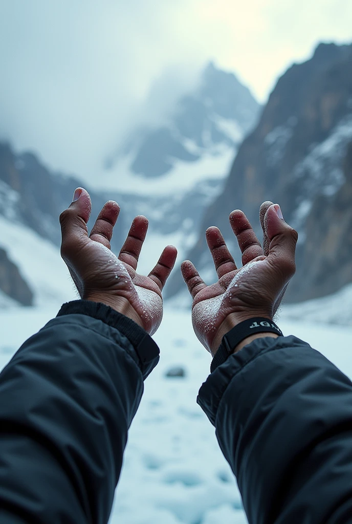 Hands close-up, Rugged mountain scenery, strong hands, Hand up, Mountainous Regions, Skin exposed to the cold, Strong fingers