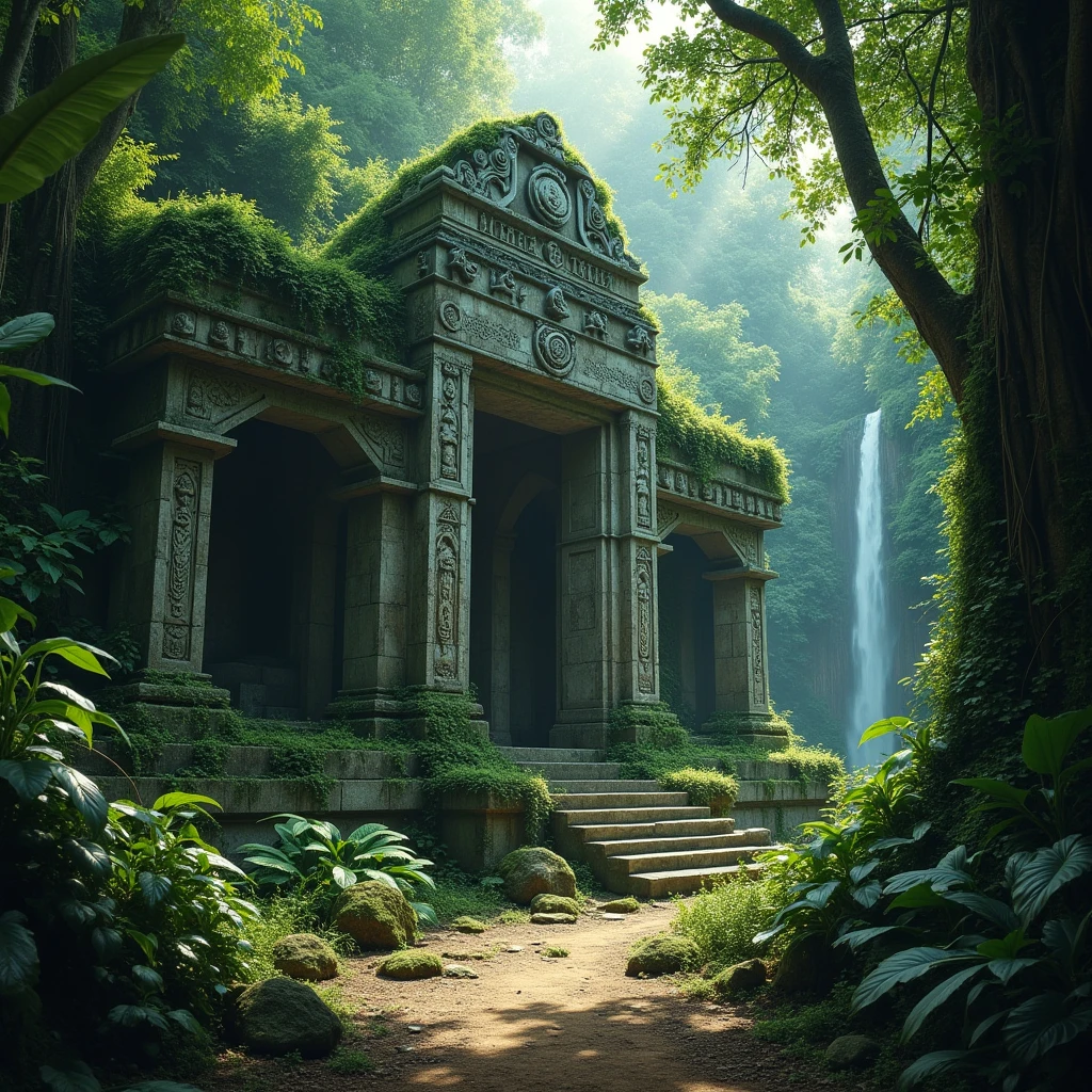 Reino dos Deuses Serpentes: Create a landscape where an Aztec-inspired civilization built its city in a lush jungle. The temples and statues have intertwined serpents and elements of leaves and flowers that blend seamlessly into the natural landscape. Add mystical details, Like sacred wells and magical plants, to give a touch of mystery and charm to this civilization.