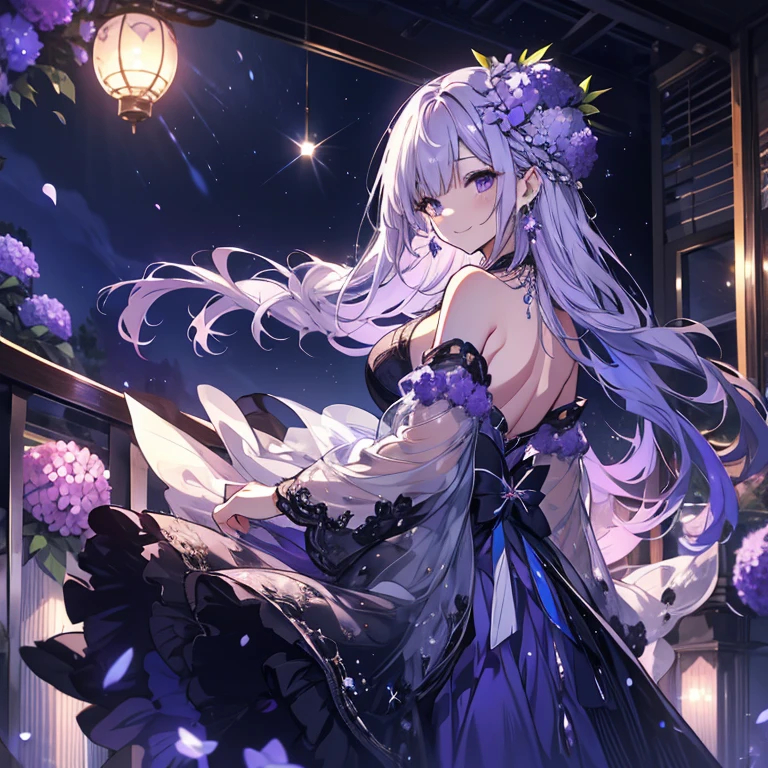 1 person、Mature、Ample breasts、Long Hair、A captivating smile、look back、Brush up your hair、Hair blowing in the wind、Hydrangea dress、Shoulder Bare、necklace、Earrings、Purple hydrangeas、Purple Dress、Moonlit Night、Stars Shining、balcony、High resolution、Highest quality