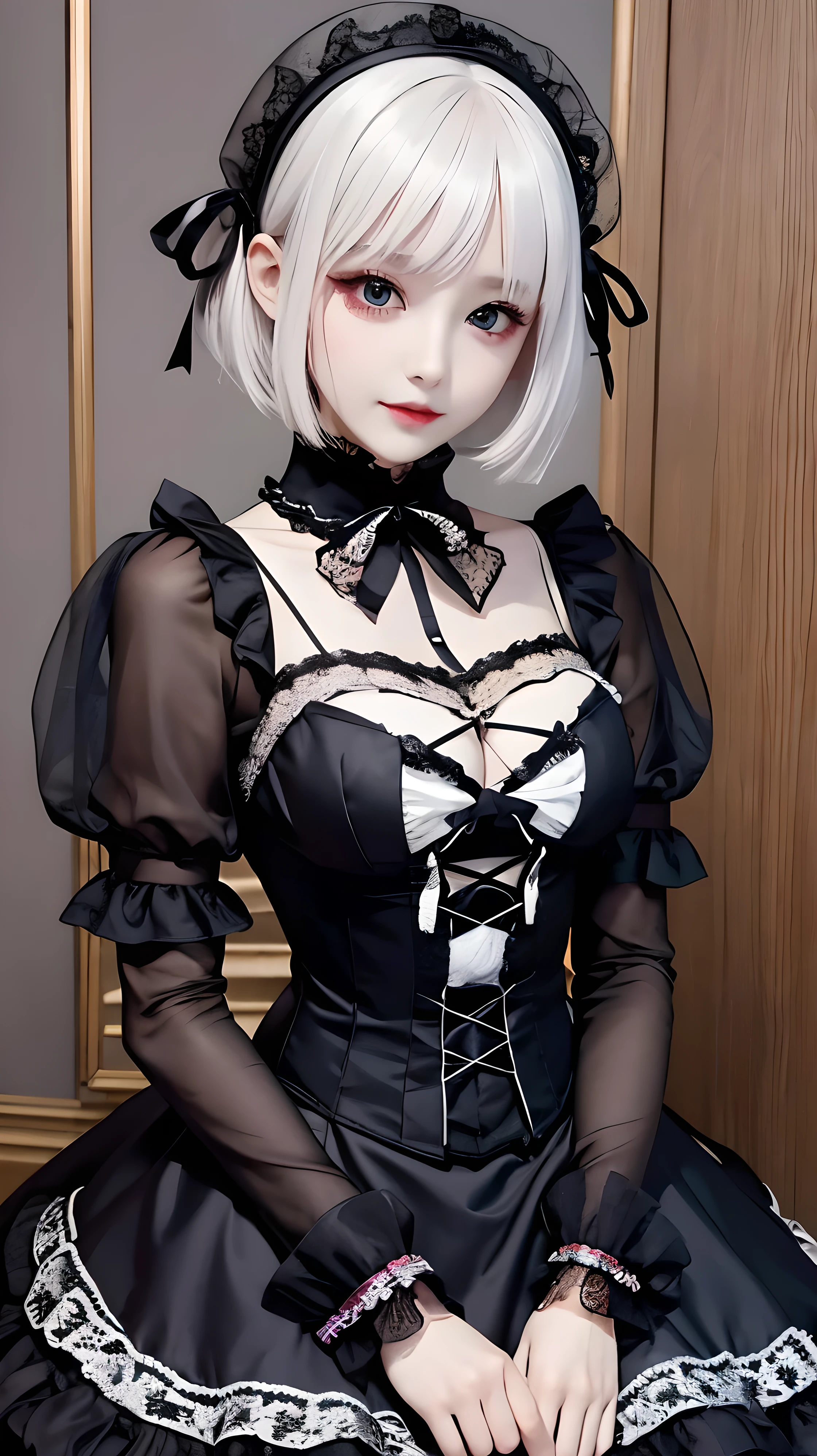 Please draw a super beautiful girl with short white bob hair wearing a gothic ta outfit.。She exudes an elegant and dark vibe.、She exudes a unique beauty in Gothic Loliashion.。Her white hair is tied up in a neat short bob.、It highlights her individuality and sophisticated beauty.。
Her gothic lolita ots are dark and luxurious in design.、It brings out her elegance and mysterious charm.。Lace and ribbon、Accents such as ruffles、It is a hallmark of her Gothic Lolita styler pose is graceful、It expresses her deep worldview hidden inside her.。
Her eyes shine with mystery、Combined with her charming smile、It highlights her individuality and charm.。Her smile has a unique charm、She shows her confidence and sophisticated beauty in Gothic Lolita fashion.。appearance is美しく、Her presence stands out in the world of Gothic Lolita.。
This superutiful girl with white short bob hair and gothic lolita style is、It has aque charm and sophisticated beauty.。Her appearance is、Her presence and charm in the world of Gothic Lolita fashion are fused togr.、It's a fascinating and mysterious sight.。