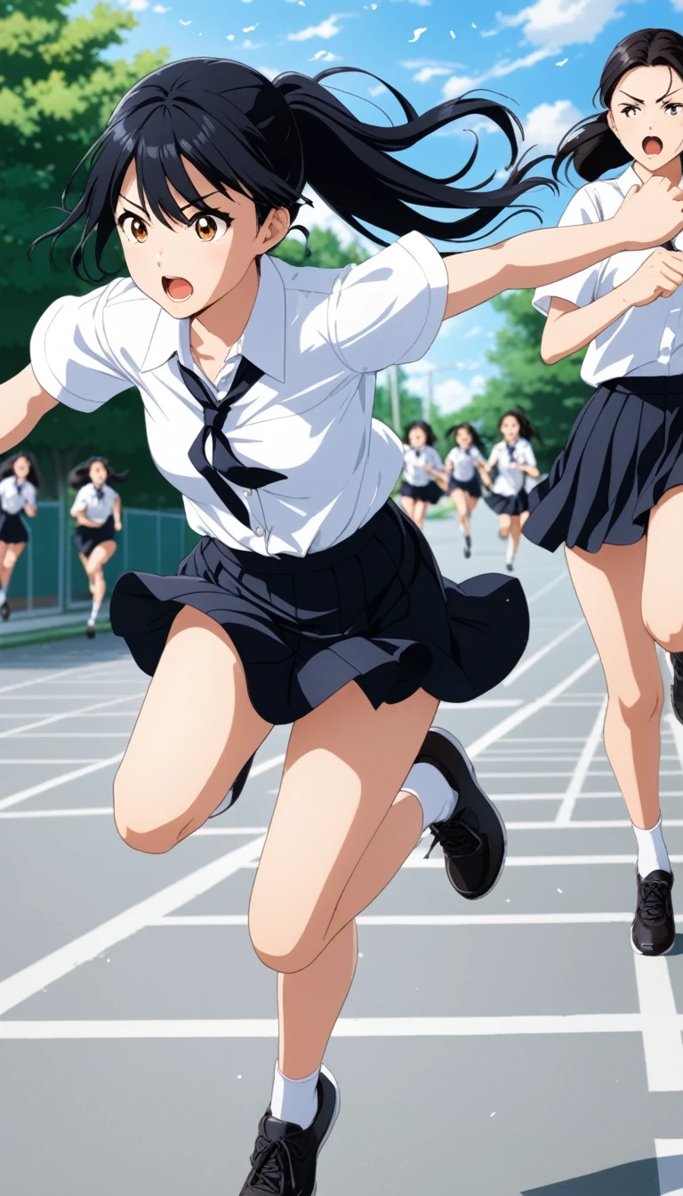 high school girl、Black Hair、ponytail、Medium chest、White short-sleeved shirt、black flared skirt、Running full speed across the schoolyard
