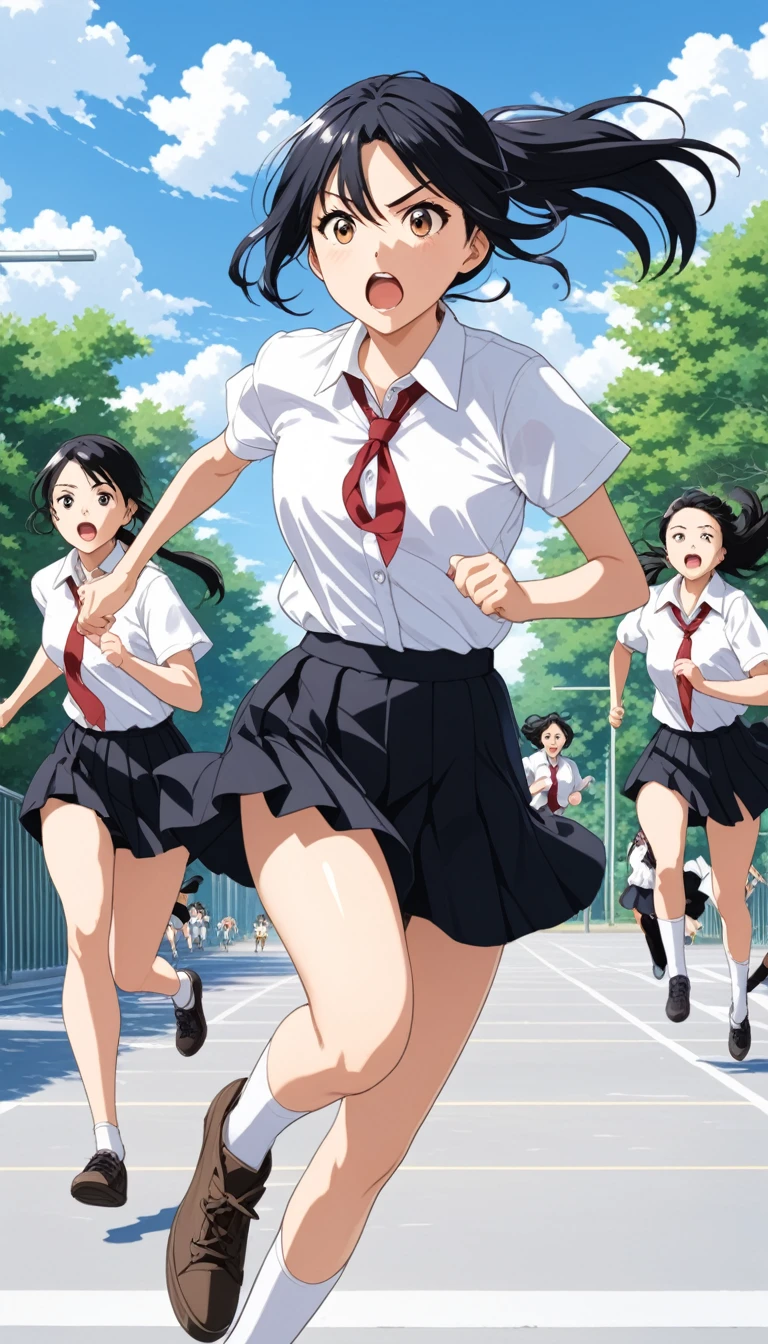 high school girl、Black Hair、ponytail、Medium chest、White short-sleeved shirt、black flared skirt、Running full speed across the schoolyard