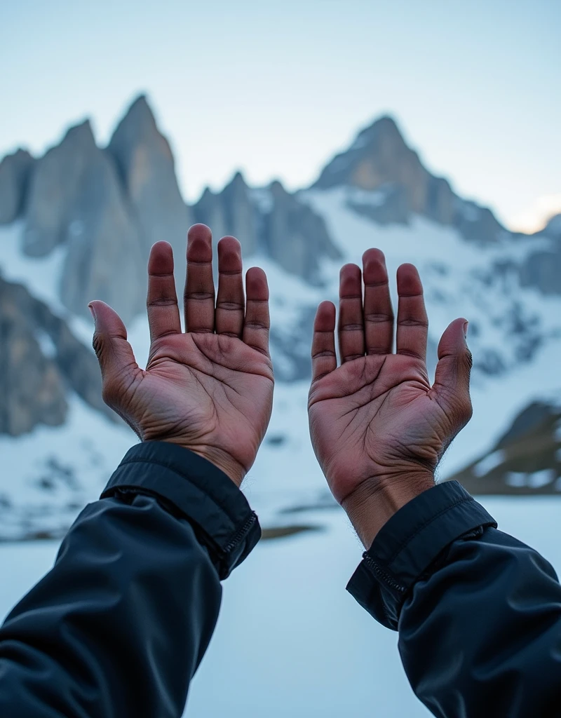 Hands close-up, Rugged mountain scenery, strong hands, Hand up, Mountainous Regions, Skin exposed to the cold, Strong fingers