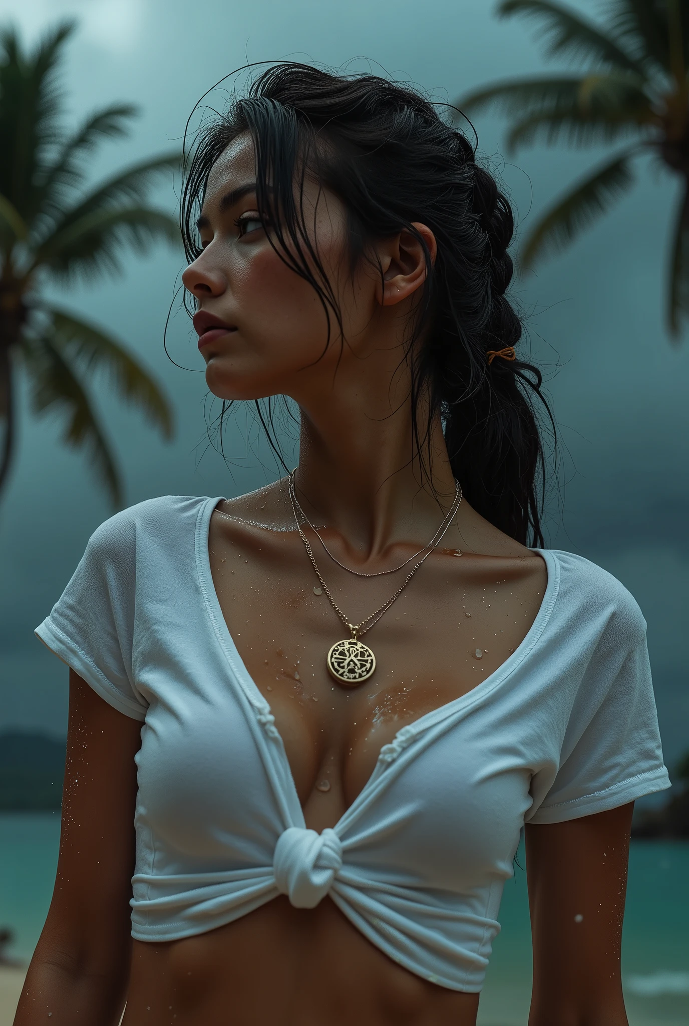 (masterpiece, photorealistic:1.4, extremely intricate:1.3), (photon mapping, radiosity, physically based rendering, ultra resolution, hyper-realistic, 8K), ((((closeup necklace, wet white t-shirt, tied, humid, [medium breasts:large breasts:0.3], abdominals)), humid, [skin detail:freckles:0.7], natural, 19 year teenage supermodel), dark room, ((outside, outdoors, Hawaiian palm trees, raining, rain, dim, dark sky, windy, wet hair)))
