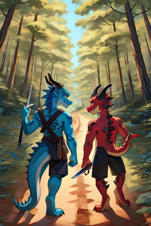 Anthropomorphic red dragon, duo, green kobold, sword in right hand of kobold, bow on back of kobold, kobold’s facial expression is angry, kobold’s hand on dragon’s chest pushing dragon away, dragon facial expression happy, dragon only wearing black shorts, dragon behind kobold, forest, dirt pathway, sword pointing at viewer, both looking at viewer