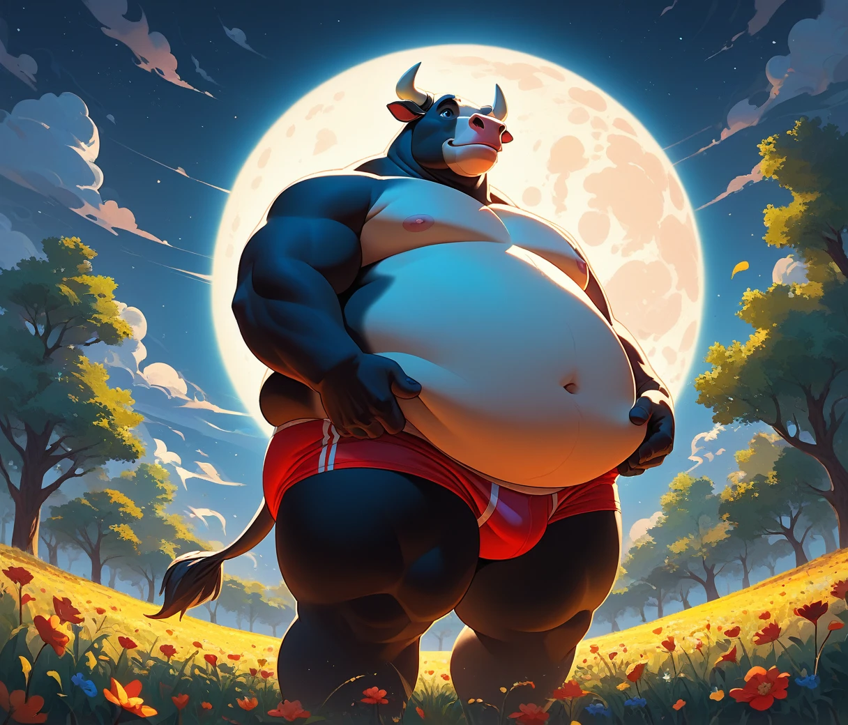 (cute, fat, obese, anthro, male, bull), standing, front side view, thick thighs, nude, red briefs, smile, Above is the sky, Below are open fields, standing on a flower field looking up, moon full, meteors, Starcloud, Far Mountain, Tree, Volumetric lighting, with light glowing, Atmospheric lighting, hires textures, highly detailed, intricate details, best quality, masterpiece, bright lighting, detailxl, zPDXL2