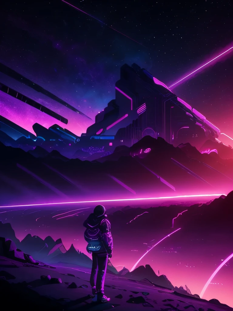 a dark background with a purple and yellow sunset and mountains, jen bartel, cosmic ambient, dark neon colored universe, synthwave art style ]!!, synthwave art, violet planet, fantasy and dreams vibes, ✏️🎨, futuristic art style, 🚀🚀🚀, style hybrid mix of beeple, ( ( ( synthwave ) ) ), another planet, background art