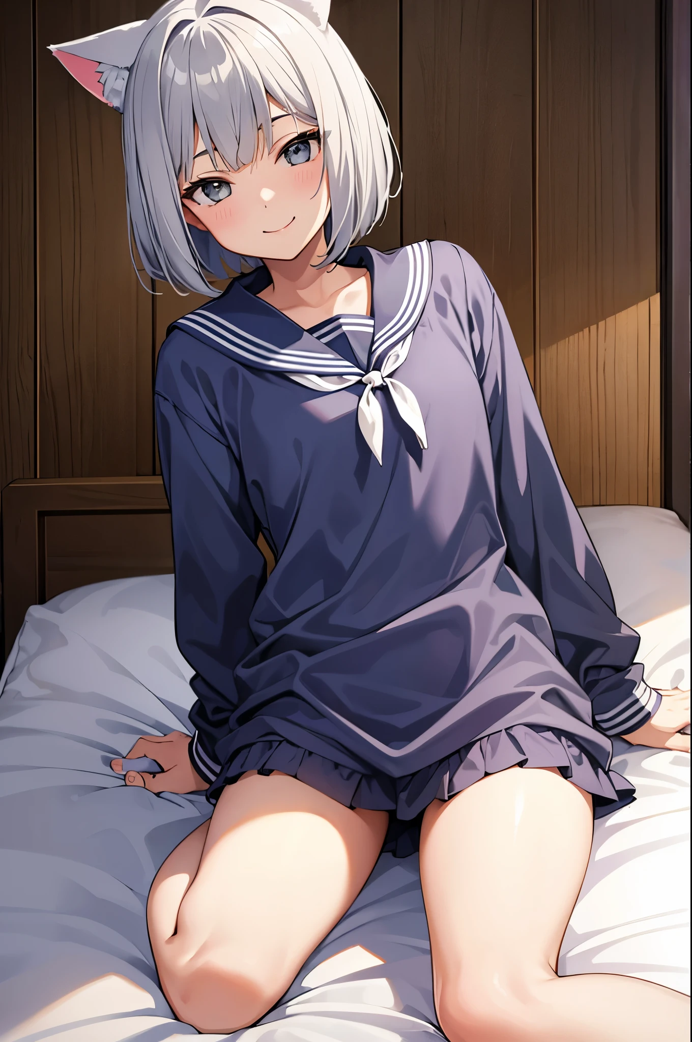 one-girl，Bedrooms，JK school uniform，white  panties，Lying position，long  white hair，huge tit，The expression is shy