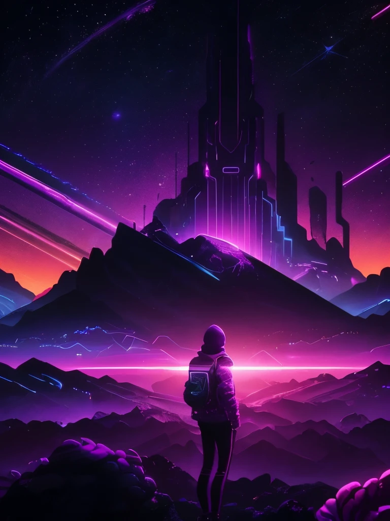 a dark background with a purple and yellow sunset and mountains, jen bartel, cosmic ambient, dark neon colored universe, synthwave art style ]!!, synthwave art, violet planet, fantasy and dreams vibes, ✏️🎨, futuristic art style, 🚀🚀🚀, style hybrid mix of beeple, ( ( ( synthwave ) ) ), another planet, background art