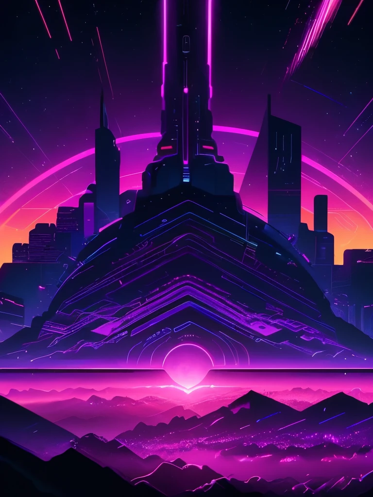 a dark background with a purple and yellow sunset and mountains, jen bartel, cosmic ambient, dark neon colored universe, synthwave art style ]!!, synthwave art, violet planet, fantasy and dreams vibes, ✏️🎨, futuristic art style, 🚀🚀🚀, style hybrid mix of beeple, ( ( ( synthwave ) ) ), another planet, background art
