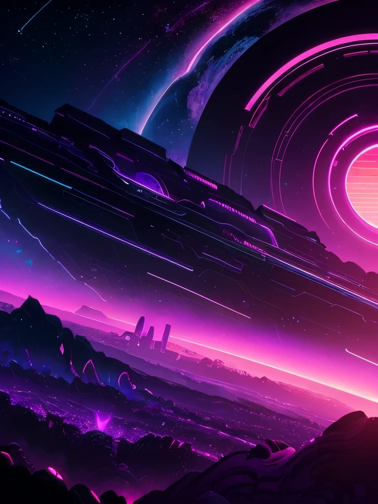 a dark background with a purple and yellow sunset and mountains, jen bartel, cosmic ambient, dark neon colored universe, synthwave art style ]!!, synthwave art, violet planet, fantasy and dreams vibes, ✏️🎨, futuristic art style, 🚀🚀🚀, style hybrid mix of beeple, ( ( ( synthwave ) ) ), another planet, background art