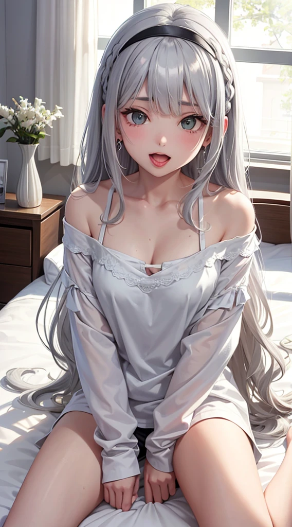 1Girl, Solo, Anime, Ideal body, (Cleavage, Small breast). Beautiful, Gorgeous, Fresh, Blunt Bangs, (White Grey Hair:1.5),(Straight and Wavy Long Hair:1.3), casual shirt, Off-Shoulder, Oversize, Comfort, Loose shirt, Fabric Texture. (Sit on bed:1.3). Earrings, Thin Black Headband, Green Accessories, Environmental Details, Bed Room, Natural Light, Modern Bed, Chair, Window, White Curtain, City View. pov, anime style, UHD, retina, masterpiece, accurate, anatomically correct, textured skin. High Resolution, Looking at viewer, Blush, Best Quality, Award Winning, Accurate, Embarrassed, seductive smile, sweating, Naughty Face, Naughty, Gradient Eye Color, Sexy Pose. Top view shot, front of camera, looking up to viewer, tongue out, open mouth.