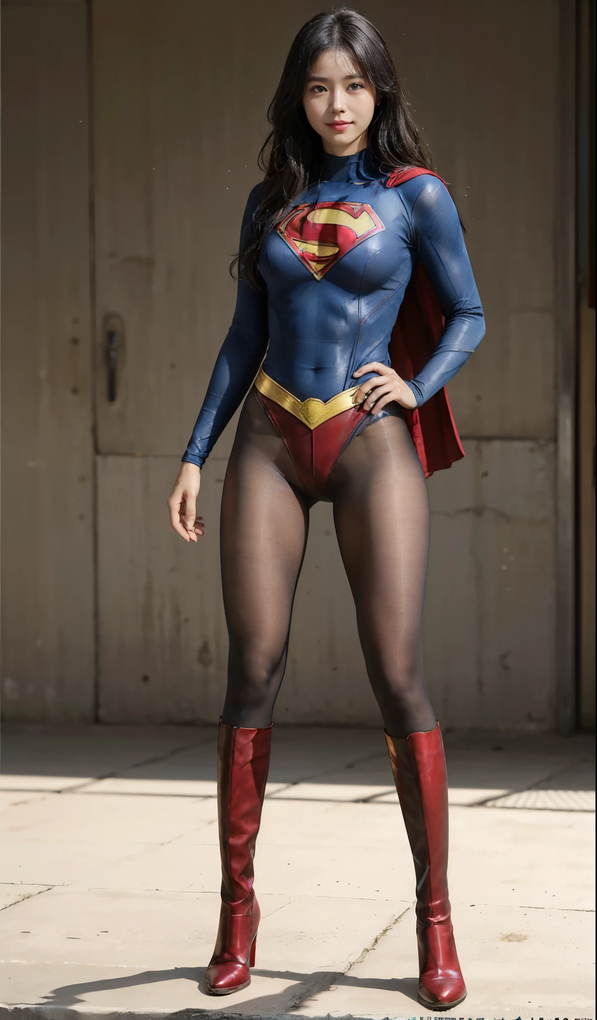 No background、(((Beautiful legs in black tights.)))、(((Legally express the beauty of your smile)))、((((Make the most of your original images)))、(((Supergirl Costume)))、(((Beautiful Hair)))、(((suffering)))、(((Please wear black tights....、Wear red boots)))、((Best image quality、8k))、((Highest quality、8k、masterpiece:1.3))、(((Preserve background )))、Sharp focus:1.2、Beautiful woman with perfect figure:1.4、Slim Abs:1.2、Wet body:1.5、Highly detailed face and skin texture、8k