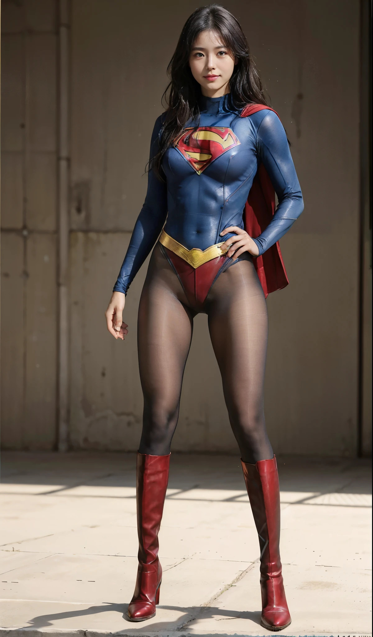 No background、(((Beautiful legs in black tights.)))、(((Legally express the beauty of your smile)))、((((Make the most of your original images)))、(((Supergirl Costume)))、(((Beautiful Hair)))、(((suffering)))、(((Please wear black tights....、Wear red boots)))、((Best image quality、8k))、((Highest quality、8k、masterpiece:1.3))、(((Preserve background )))、Sharp focus:1.2、Beautiful woman with perfect figure:1.4、Slim Abs:1.2、Wet body:1.5、Highly detailed face and skin texture、8k
