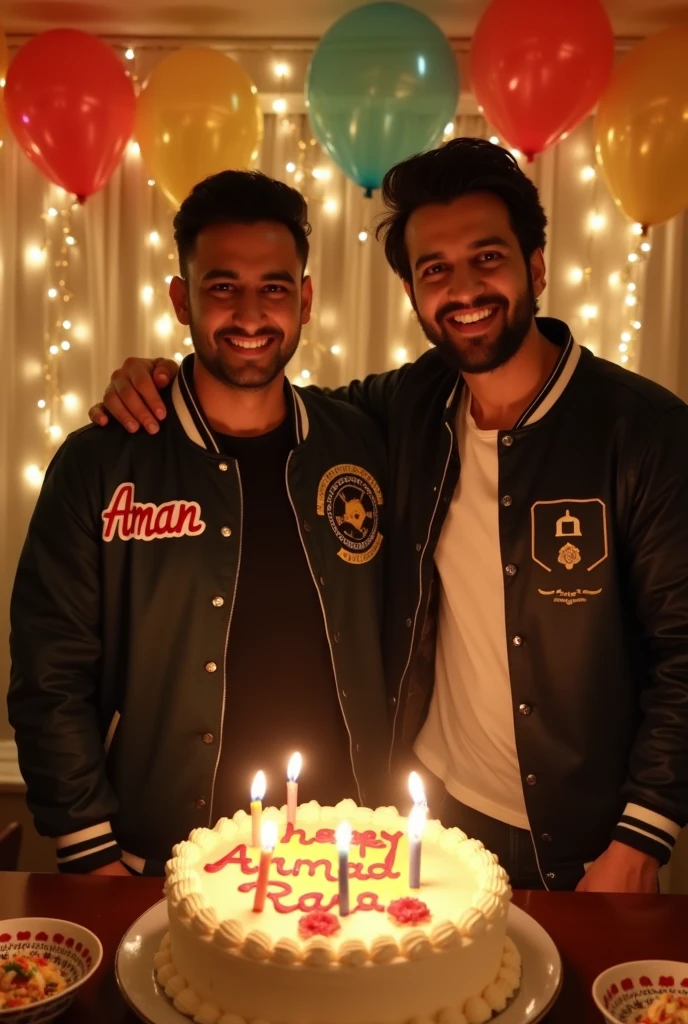 A man standing beside a table with a cake placed in front. The cake has the name 'Ahmad Raza' written on it in icing. Next to the table, another Man stands wearing a jacket with the name 'Aman' clearly written on it. The scene is set in a cozy, celebratory environment, with the names prominently displayed and the overall vibe being festive and warm in 3D