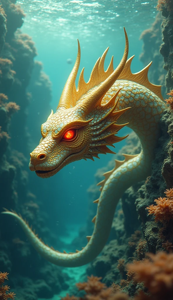 It has a large body like a naga with shimmering golden scales. It has red eyes like flames. It has a head with golden horns that curve up towards the sky. Its body has intricate scales. It loves justice. It has magical powers that can breathe fire. full body image, Realistic picture. Its atmosphere is like an underwater palace.The underwater city