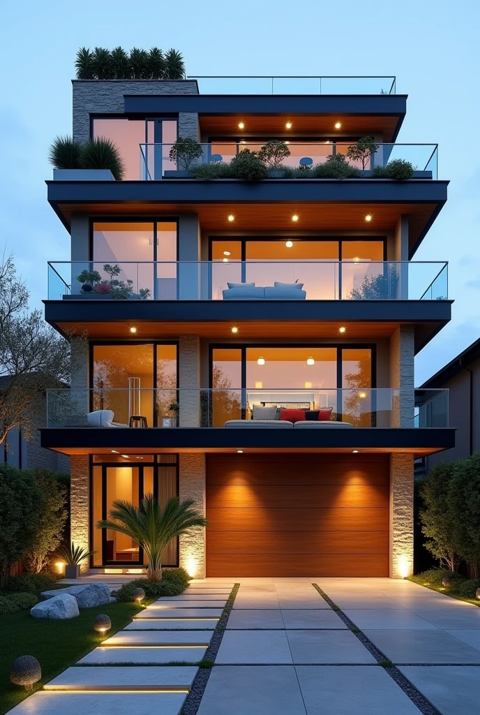 Create a 3D model of the exterior of a four-story house with a modern and elegant design. The house should feature:
Main Facade: A clean and minimalist design with a combination of materials like natural stone and wooden panels for the main walls. Include large windows with black or gray frames to provide a contemporary look.
Roof: A flat or sloped roof with a sleek appearance, possibly featuring a terrace or green space on the top.
Balconies: Each floor should have a balcony with transparent glass railings to maintain a modern feel and unobstructed views.
Entrance Door: A large, grand entrance door with a minimalist design, possibly made of solid wood or metal.
Lighting: Integrated spotlighting or wall lights to illuminate the facade of the house at night, creating a dramatic effect.
Garden and Landscaping: A surrounding garden area with green plants, stone pathways, and garden lighting to create a pleasant atmosphere.
Colors and Textures: A neutral color palette with elegant accents, such as gray, white, or beige, and varied textures to add dimension to the exterior.
