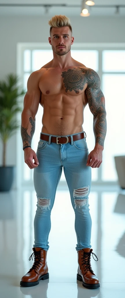 Fullbody standing picture of white Handsome muscular nude horny sexy gay boy wearing skinny light blue ripped jean tights with cream suit, blond Disconnected Pompadour oiled hair style, blue eyes, shiny varnished brown shoes, brown belt, red lip, six pack, chain, tattoos, horny, cum shot, sperm, milking penis, very big penis, very big testicle, shiny oiled skin, orgasm, oversexed, masturbation, standing at white lighting show room.