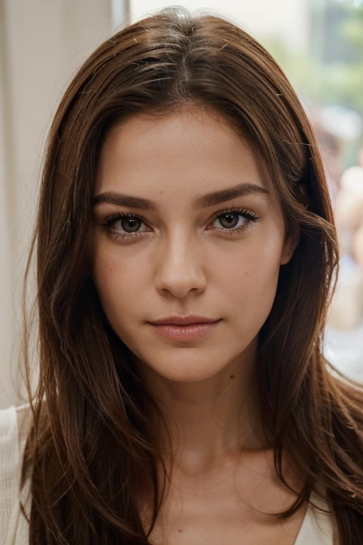 Concentre-toi sur les détails de la tête d'une femme magnifique. Elle a des cheveux bruns soyeux qui tombent en boucles légères autour de son visage, des yeux marron intenses avec des cils longs et épais, et des sourcils parfaitement arqués. Son visage a des traits harmonieux, un nez élégant, et des lèvres bien dessinées, d'une teinte naturelle. Sa peau est lumineuse, sans imperfections, avec un léger blush qui ajoute une touche de chaleur à son teint. Son expression est sereine et envoûtante.