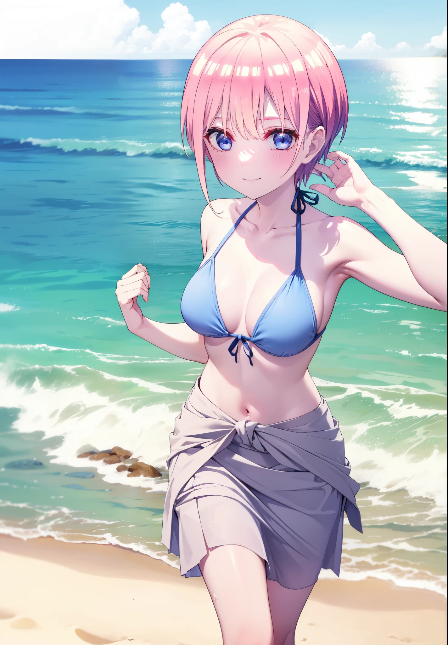 ichikanakano, Nakano Ichika, short hair, bangs, blue eyes, Hair between the eyes, Pink Hair, smile,Big Breasts,White string bikini swimsuit,Pareo Swimsuit,barefoot,Belly button,A thin long skirt is wrapped around her waist,Sandy Beachを散歩している,Walking,True Summer,Daytime,Clear skies,whole bodyがイラストに入るように,
break outdoors, Beach,Sandy Beach,
break looking at viewer, whole body,
break (masterpiece:1.2), Highest quality, High resolution, unity 8k wallpaper, (figure:0.8), (Beautiful attention to detail:1.6), Highly detailed face, Perfect lighting, Highly detailed CG, (Perfect hands, Perfect Anatomy),