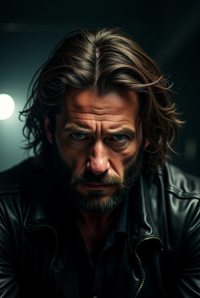 a rugged man with intense eyes,stubble beard,long messy brown hair,wearing a black leather jacket,solo portrait,moody lighting,dark and gritty atmosphere,action,cinematic,dramatic,masterpiece,(best quality,8k,highres,hyperdetailed,photorealistic,RAW photo:1.4),(Hugh Jackman,Logan,Wolverine:1.5),dramatic lighting,chiaroscuro lighting,cinematic pose,serious expression,gritty,realistic,dark and moody