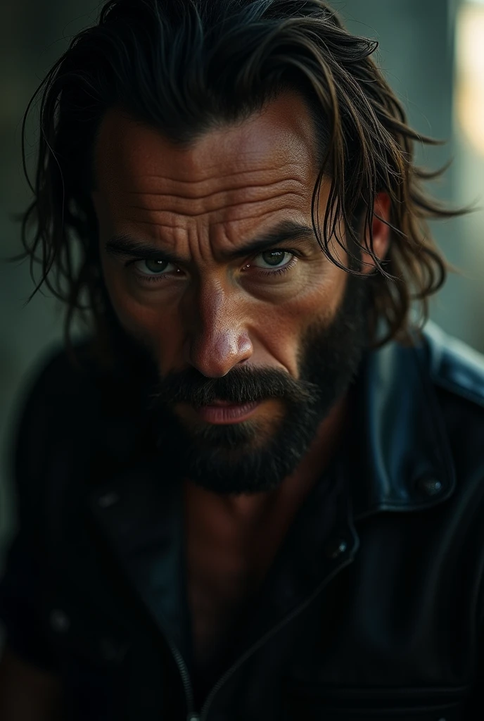 a rugged man with intense eyes,stubble beard,long messy brown hair,wearing a black leather jacket,solo portrait,moody lighting,dark and gritty atmosphere,action,cinematic,dramatic,masterpiece,(best quality,8k,highres,hyperdetailed,photorealistic,RAW photo:1.4),(Hugh Jackman,Logan,Wolverine:1.5),dramatic lighting,chiaroscuro lighting,cinematic pose,serious expression,gritty,realistic,dark and moody