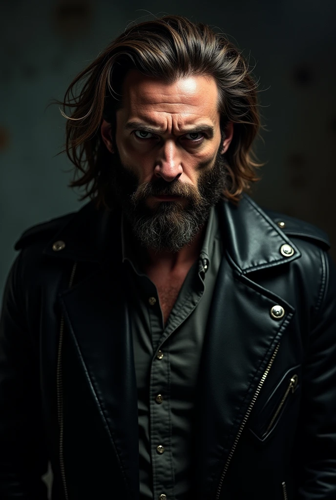 a rugged man with intense eyes,stubble beard,long messy brown hair,wearing a black leather jacket,solo portrait,moody lighting,dark and gritty atmosphere,action,cinematic,dramatic,masterpiece,(best quality,8k,highres,hyperdetailed,photorealistic,RAW photo:1.4),(Hugh Jackman,Logan,Wolverine:1.5),dramatic lighting,chiaroscuro lighting,cinematic pose,serious expression,gritty,realistic,dark and moody