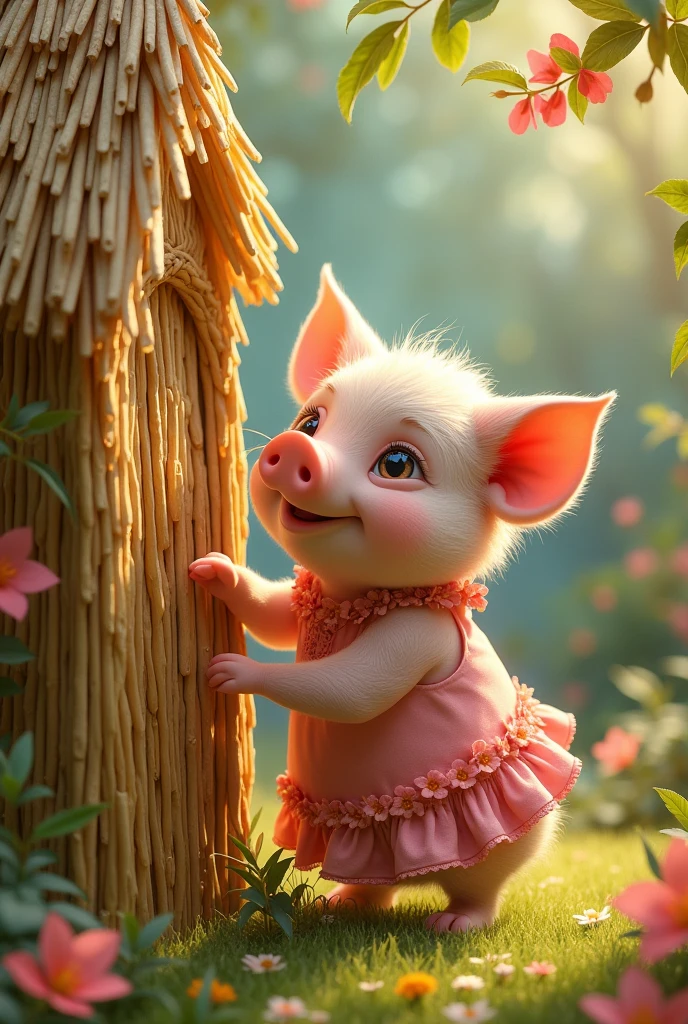 (animation:1.2), good looking cute happy small pig wearing pink frock and flowers is building a small house made of straws by Greg Rutkowski, by Alphonse Mucha