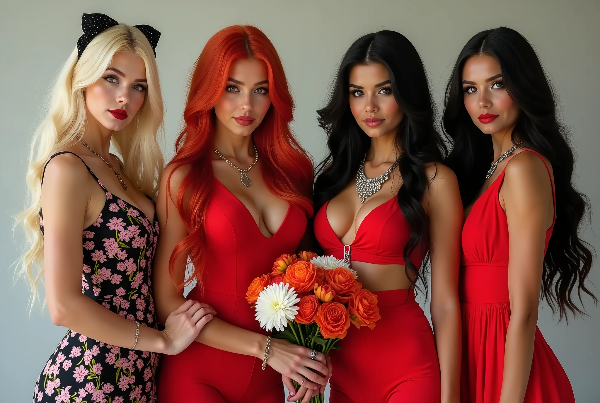 A vibrant and alluring scene unfolds before us. Four stunning girls, each with distinct hairstyles - long blonde locks, fiery red tresses, jet-black strands, and a subtle hair bow or band adorning their locks - stand together in unison. Their gazes meet the viewer's, exuding confidence and charm. Each girl wears a dress that complements her unique features: the blonde beauty dons a floral print number, while the others opt for striking red dresses with bold lip colors to match. Boots and shorts add a playful touch, as does the whimsical touch of black footwear on one of the girls. Jewelry and makeup accentuate their natural beauty, drawing our attention to their captivating cleavage. A beautiful flower or bouquet adds a pop of color and freshness to the scene, expertly framed by the photographer's keen eye.