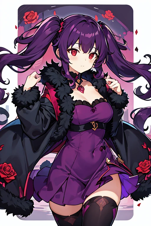 women, curly hair in two purple pigtails, Red eyes, black fur coat, Red pants, long purple tights, with roses