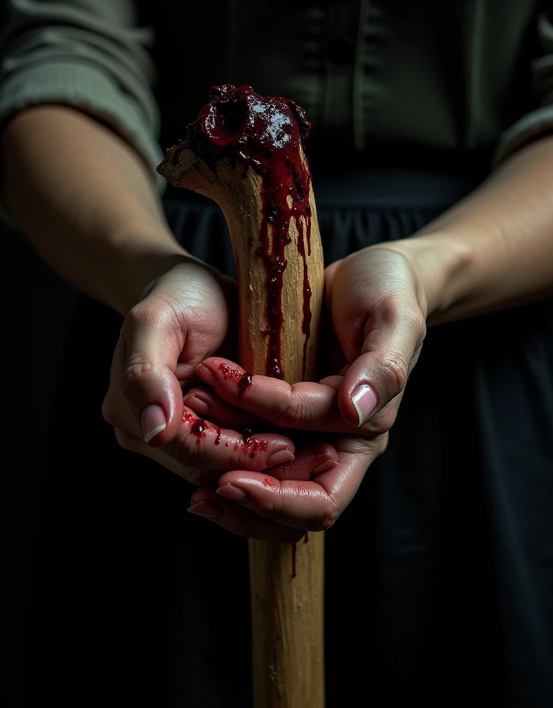 a woman's closeup hands gripping a bloodied hatchet handle, blood dripping, horror,dramatic lighting,chiaroscuro,gritty,dark,moody,realistic,detailed,hyper-realistic,4k,8k,highres,masterpiece:1.2,ultra-detailed,realistic:1.37,professional,vivid colors,dramatic shadows