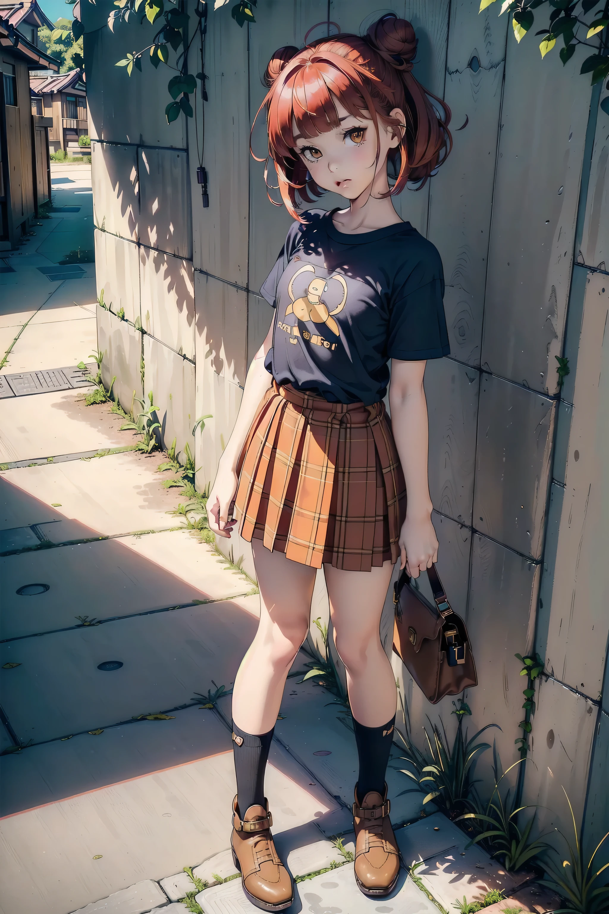 ((top quality, ultra-detailed, high resolution, extremely detailed CG, unity 8k wallpaper, by famous artist, perfect anatomy, super detailed skin, cinematic lighting, UHD, retina, anatomically correct, 1080P)), (Please draw a single one girl walking in the Japanese suburbs:1.3), ((1girl)), (Solo, face,13-year-old:2.0), a junior high school student, ((cute petit girl, chibi, babyface)) androgynous charm, Medium hair, ((full red hair)) ((redhead)), straight hair, large central bun, straight bangs, ((very thin legs)), ((skinny legs, thin body, small build)), Full limbs, complete fingers, ((perfect fingers and hands)), flat chest, small breasts, childish body, small butt, groin, Beautiful detailed full yellow gold eyes, perfect eyes, ((Simple T-shirt shirt without drawings tucked into a plaid skirt, paired with ankle boots and a crossbody bag)), (Detailed scenary background), full body view, Cute, kawaii single girl (one girl), full body shot, ((little young  body:1.3)), ((long skirt)), ((shoes)), ((red hair girl:1.3)), ((A natural, correctly proportioned hands)), ((straight bangs cut just to the eyebrows, perfectly aligned and not moving to the side:1.3)), ((Large central bun positioned high on the head, neatly styled and symmetrical:1.3))