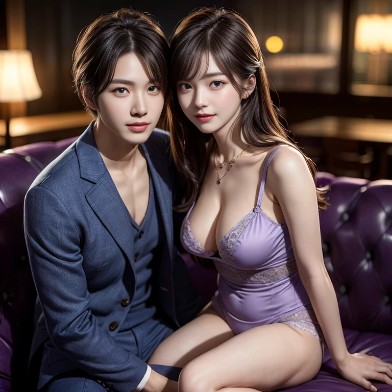 photography of a brightly sangmi nam who is korean actress,masterpiece,photorealistic,analog,realism,korean idol,slim leg, long_brown_hair,1 girl, very dark,{beautiful and detailed eyes},large breasts, calm expression, natural and soft light,delicate facial features, Blunt bangs, beautiful Korean girl, eye smile,22yo, ((model pose)), Glamor body type,(half red and half brown long hair), flim grain, realhands, masterpiece, Best Quality, photorealistic, ultra-detailed, finely detailed, high resolution,brown messy hair, perfect dynamic composition, beautiful detailed eyes,Korean girl,((nervous and embarrassed)),sharp-focus, beautymix, FilmGirl,(wearing a purple babydoll,necklace:1.3),(straddling a man's thigh:1.5),facing reality,film grain, realhands,(smile:1.5),(full body shot:1.3),(1 man is sitting on the sofa in an upscale club with a happy expression on his face:1.3),(short hair),(wearing a navy suit:1.3)