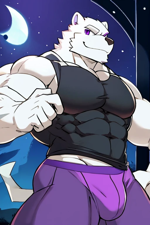 polar bone, muscular, purple eyes, with black sleeveless shirt, purple ?????????, with a mischievous smile