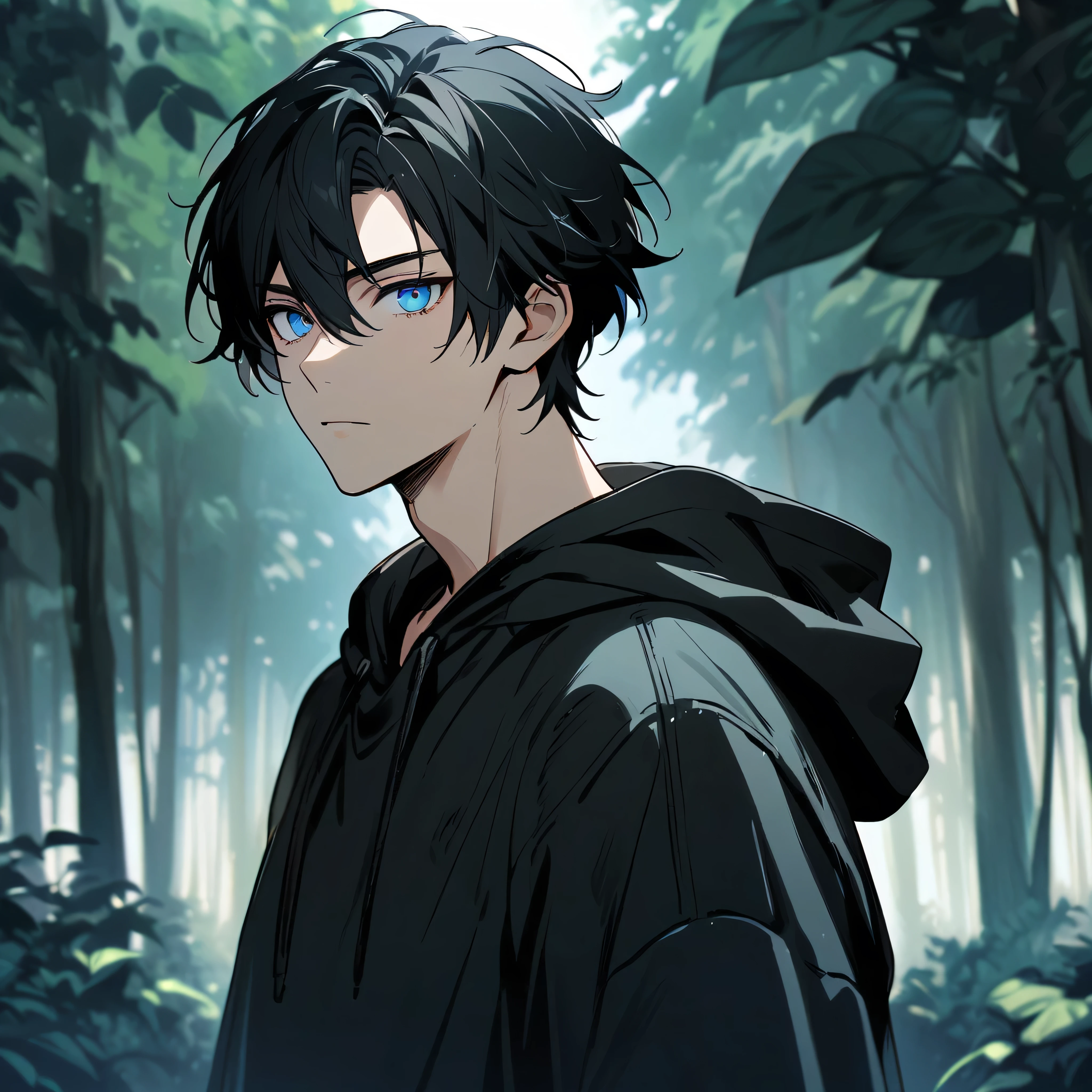 Handsome, solo, 1 male, short hair, black hair, blue eyes, wearing black hoodie, forest background, looking at viewer