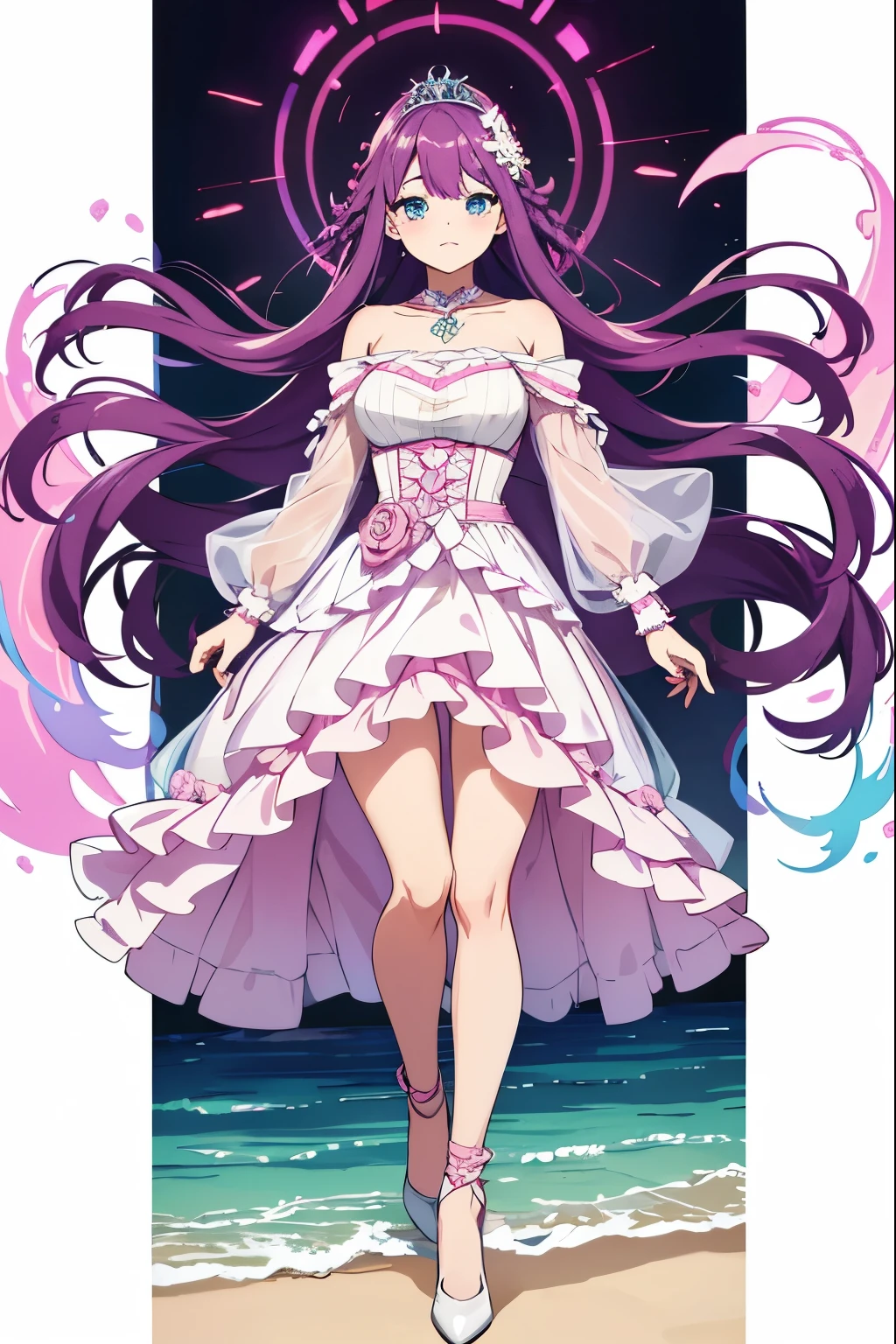 purple hair, side braid, hair ornament, aqua eyes, makeup, light blush, glasgow smile, UHD, retina, masterpiece, accurate, anatomically correct, super detail, high details, high quality, best quality, highres, 1080P, HD, 4K, full body, wearing a pink and white princess gown, full body, shoes showing