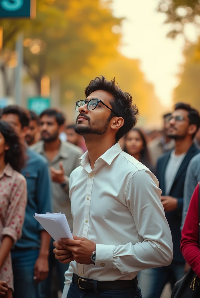 (photorealism:1.2), 24 years old Indian Male Student, Eyeglasses ,TCS Company, Looking at company Name, Ina Queue with Others, wearing Formal Shirt Tucked in, With papers in hand, Standing pose, realistic, intricate details, warm colors