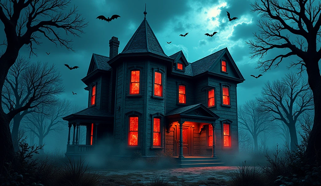 A old  big and mansion, red colour window mansions, skeletons, bats, and thunder in sky, leaf trees, name of mansion is thriller bark, 