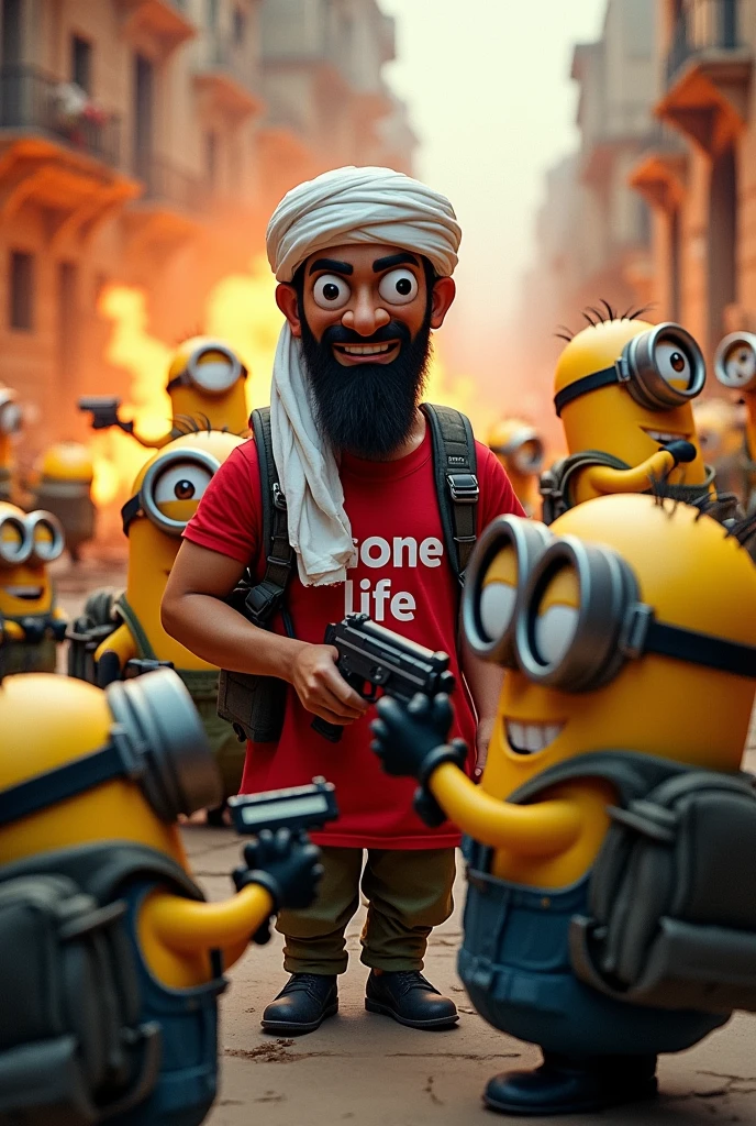 Minions with SEAL Team 6 Gear, killing Osama Bin Laden With Osama being human and being shot wearing a shirt saying Gooner for life.